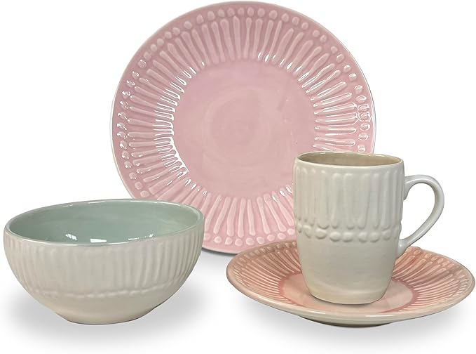 Artesa Color Full Mix Match 4 Dinnerware Set -4 Piece Handmade Ecuadorian Ceramic Pink &amp Mint with Embossed Pattern Plates Bowls &amp Cups Lead-Free Microwave Safe 11.4-Inch Plates