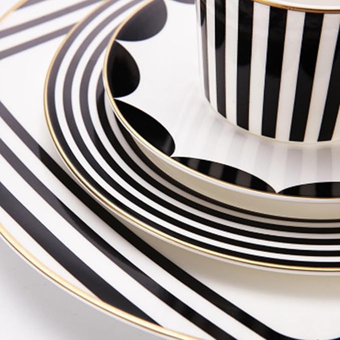 European Style Dinnerware Set Service for 6 Bone China Dinnerware Sets Unbreakable Porcelain Dinner Sets Coffee Cup and Saucer Tableware Set Steak Dinner Plates Dish Set Striped black white-10