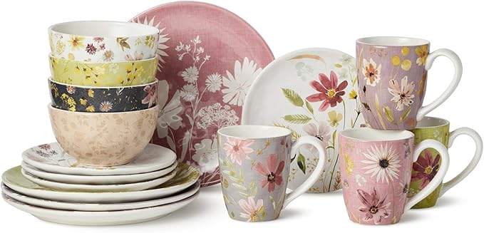 Wildflowers Ceramic 16-Piece DINNERWARE SET SERVICE for FOUR with Floral Watercolor Dinner Plates Salad Plates Mugs and Ice Cream Bowls Artistic Garden-Inspired Botanical Tableware