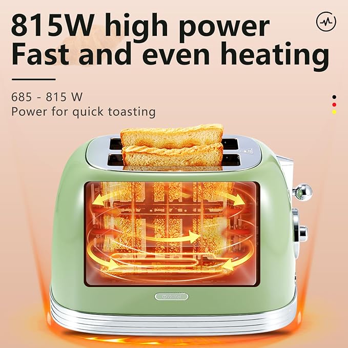 Green Cute Retro Toaster 2 Slice with 1.58 Wide Slots with Stainless Steel Lid with Warming Rack Preheat Defrost Countdown Timer Display
