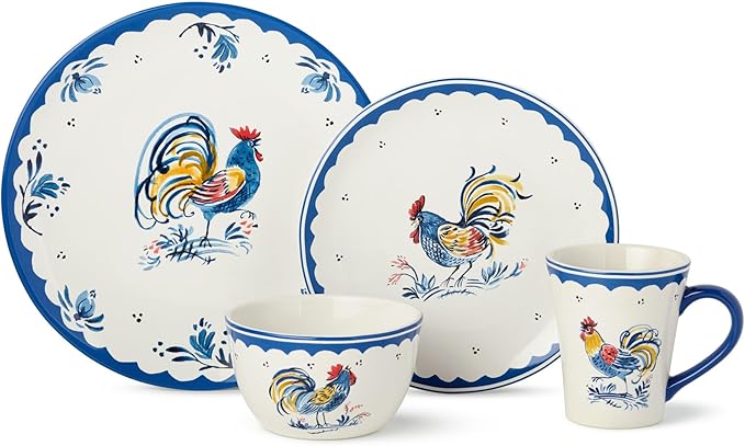 French Rooster Ceramic 16‑Piece DINNERWARE SETSERVICE for FOUR with dinner plates salad plates mugs and ice cream bowls featuring classic blue and multicolor rooster motifs