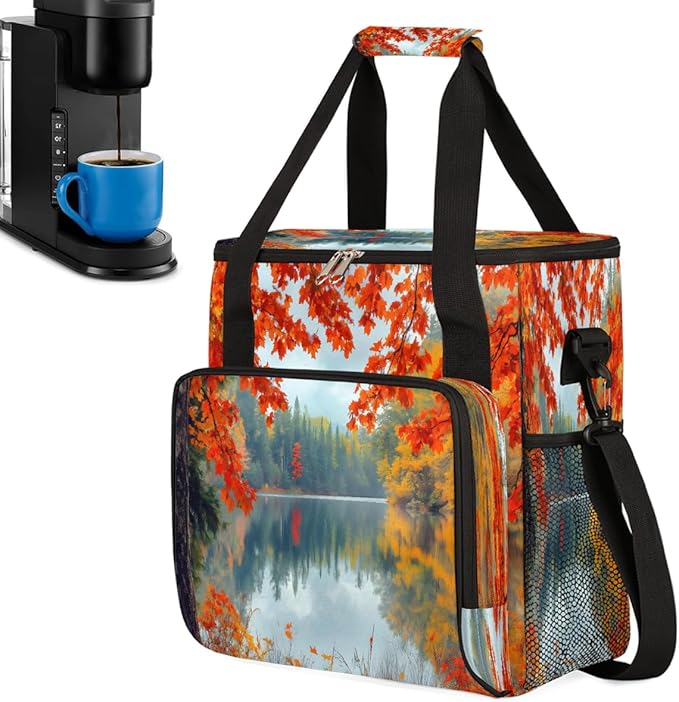 Maple Leaf Forest Lake Coffee Maker Carring Bag Travel Carrying Storage Tote Bag Compatible with Keurig K-Mini or K-Mini Plus Portable Single Serve Coffee Brewer Case with Pockets for K-cup Pods
