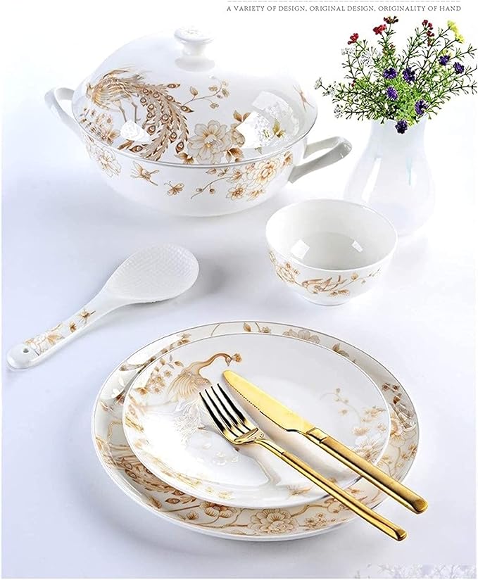 50-Piece White &amp Gold Bone China Dinnerware Set Tabletops Embossed Bone White Porcelain Round Dinnerware Service For 10