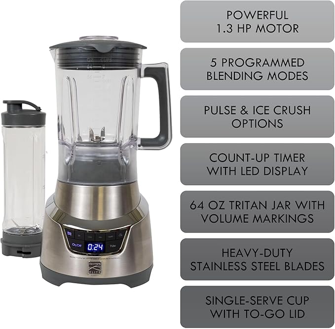 Kenmore Elite 1.3 HP 64 oz Blender With 20 oz Single-Serve Blending Cup Powerful Ice-Crushing Motor 8-Cup (1.9L) Tritan Pitcher 20 oz (600 mL) Travel Cup with To-Go Lid Grey and Stainless Steel