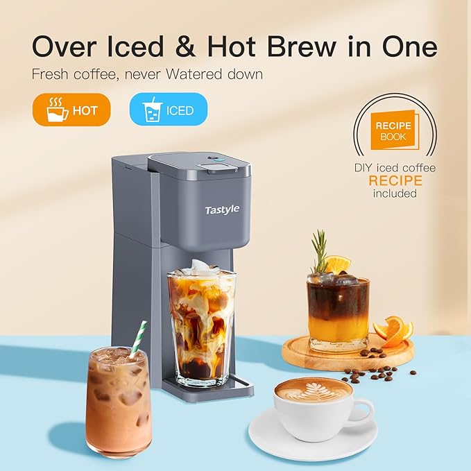 Mini Hot and Iced Coffee Maker Single Serve for K Cup and Ground 6 to 14 Oz Brew Sizes with Recipe Book for Home Travel RV Office and Dorm Elegant Gray