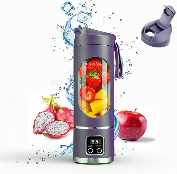 Portable Blender/juicer 12-Blade Cordless Smoothie Maker 15.2oz with Ice Crush Power USB-C Rechargeable Leakproof BPA-Free Self-Cleaning for Shakes Protein Juices Frozen Fruit (Purple 7.4V)