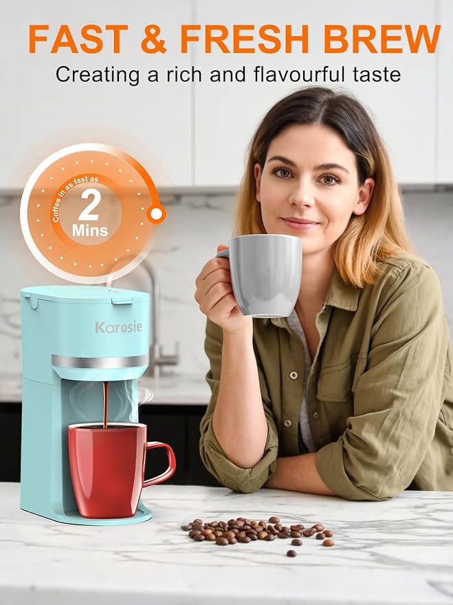 Single Serve Coffee Maker for K-Cup and Ground Coffee Fast Brew 6-12 oz Brew Sizes One Cup Coffee Machine Fits 5.5 Mugs One-Button Small Coffee Maker with Descaling Reminder Light Blue