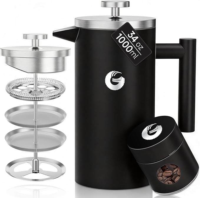 Coffee Gator 304 Grade Stainless Steel French Press Coffee Maker 34 oz Double Wall Insulated Hot Cold Brew Teapot with 4-Level Filtration System Include Travel Jar Canister Rust-Free Travel Black
