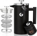 Coffee Gator 304 Grade Stainless Steel French Press Coffee Maker 34 oz Double Wall Insulated Hot Cold Brew Teapot with 4-Level Filtration System Include Travel Jar Canister Rust-Free Travel Black