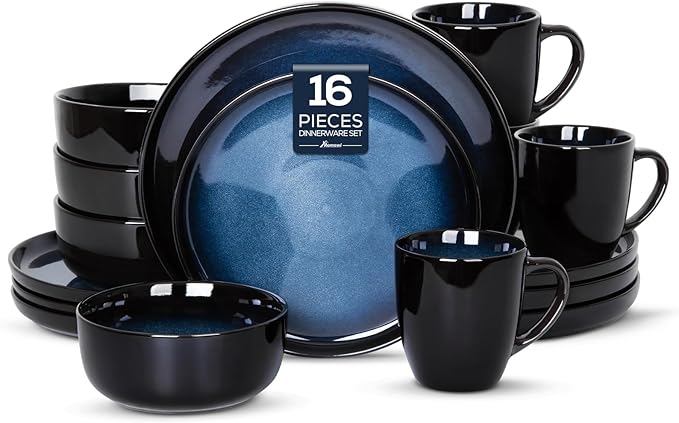 Romswi Dinnerware Set for 4 16 pcs Stoneware Plates and Bowls Sets with Mugs Chip &amp Scratch Resistant Dish Set Handmade Reactive Glaze OvenMicrowave and Dishwasher Safe Dreamy Moonlight-Blue