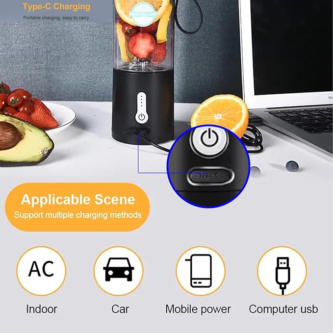Portable Juicer Smoothie Blender USB Rechargeable Food Processor Fruit Mixer Machine Mini Juicer Blender Cup 530ML [Black]