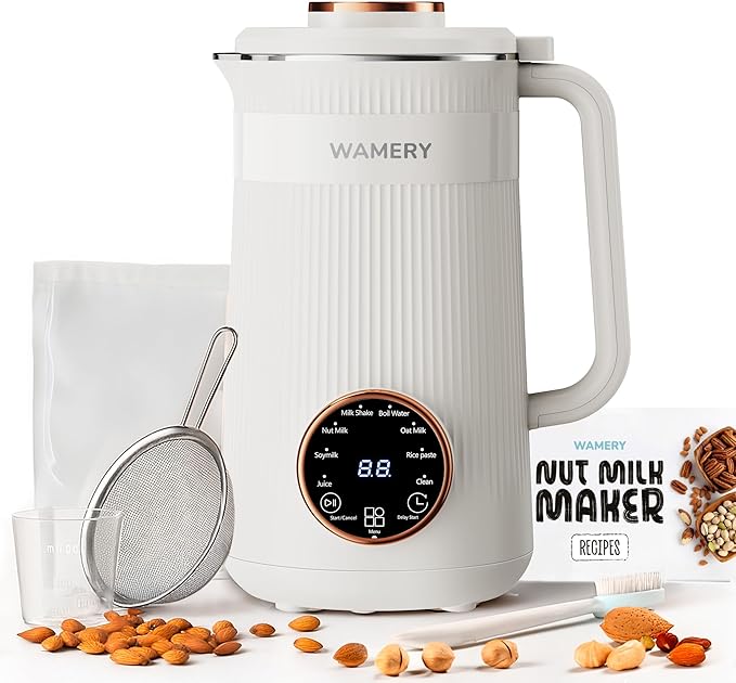 Wamery 32oz Nut Milk Machine (Black) - Soy Milk Maker for Almond &amp Oat Fruit Blender Automatic Heated Programs Self‑Cleaning Delay Start Keep Warm &amp Boil Water 1‑Liter Capacity with Star