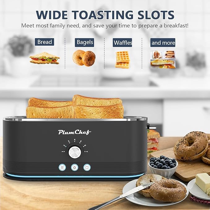 4-Slice Toaster Extra Wide Long Slot Toaster 7 Browning Settings Defrost/Reheat Functions Removable Crumb Tray Stainless Steel Housing Anti-Fingerprint &amp Anti-Jam (Black)