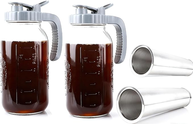64 OZ Cold Brew Coffee Maker 2 Quart Mason Jar Glass Iced Tea Pitcher With Stainless Steel Filter Half Gallon Pitcher With Spout Lid For Iced CoffeeTea &amp LemonadeSun Tea Airtight &amp Leak-Proo