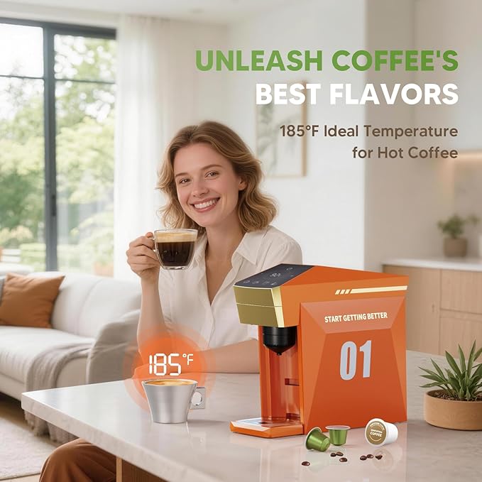 BENFUCHEN 4 in1 Single Serve Coffee Maker 19 Bar Espresso Coffee Machine For KCup/Nespre sso OriginalLine Capsules/Ground Coffee Single Cup Coffee Brewer 1400W Fast Brew in 1 Minute Vibrant Orange