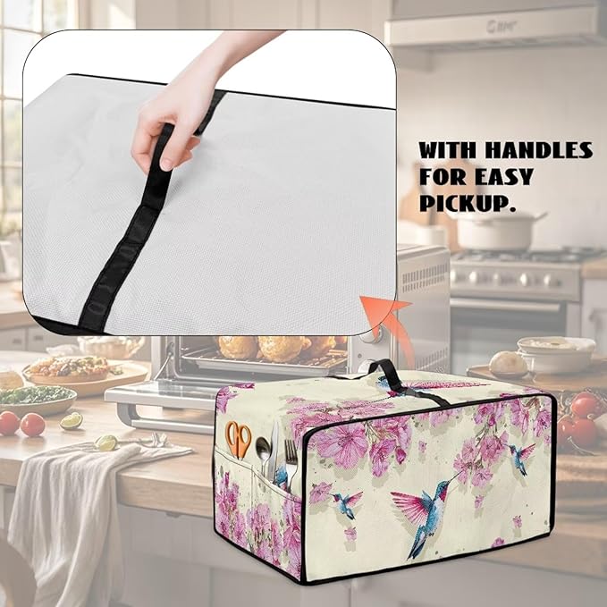 Hummingbird Print Toaster Oven Dust Cover with Accessory Pockets &amp Top Handle Stain Spills Protective Case for Kitchen Toaster Oven Appliances Decor