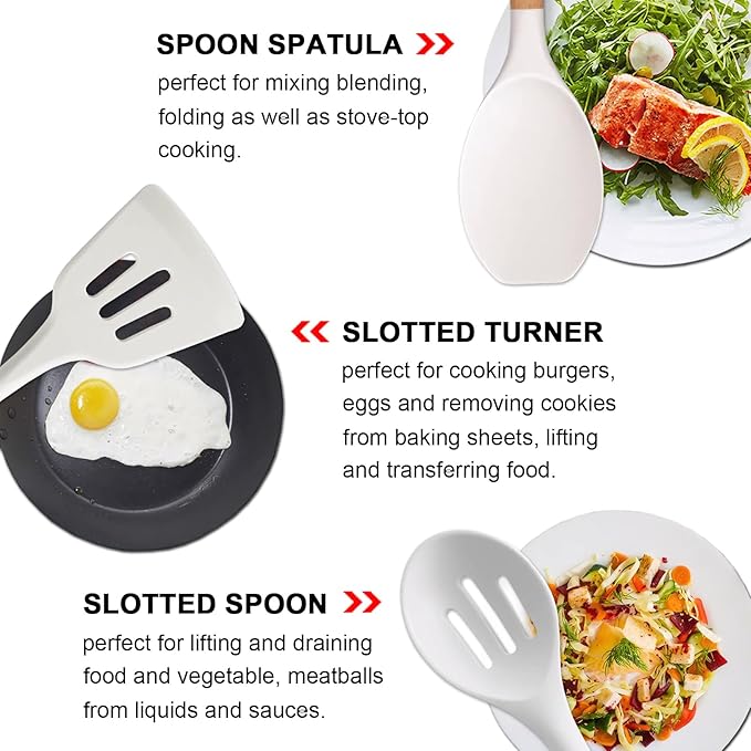 Kitchen Cooking Utensils Set 6Pcs Non-Stick Silicone Kitchen Utensils Spatula Spoon Turner Ladle Pasta Server Heat Resistant Wooden Handle Silicone Cooking Gadgets Sets for Cookware &amp Baking