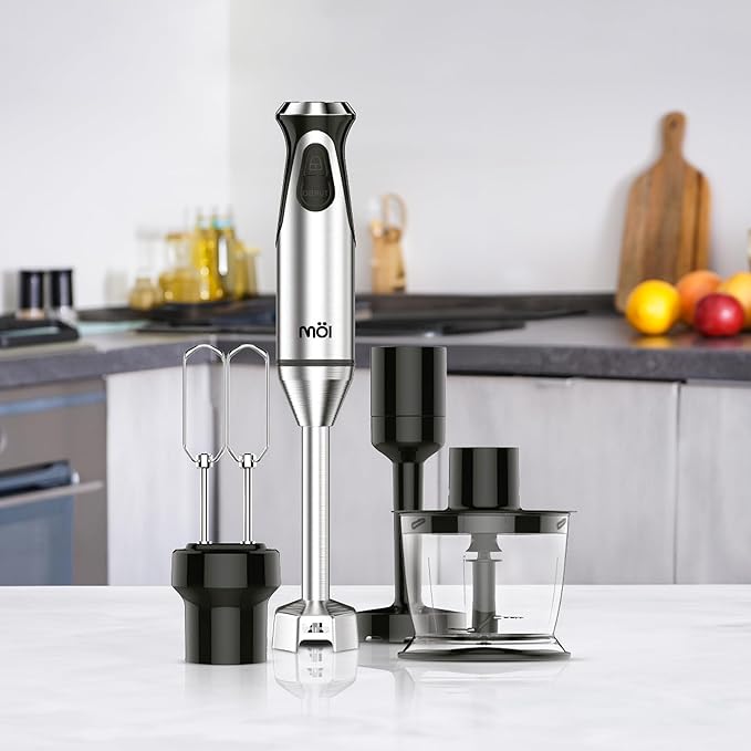 MOI Hand Blender Set - Immersion Blender Handheld with Chopper Whisk Masher &amp Bowl - Premium Handheld Mixer - Hand Blenders for Kitchen for Sauce Juice Milkshake Eggs Smoothies &amp More