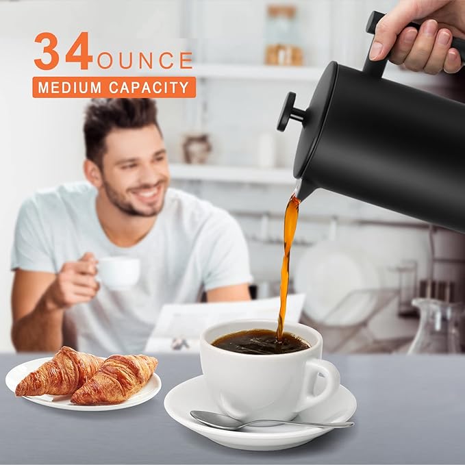 Secura French Press Coffee Maker 304 Grade Stainless Steel Insulated Coffee Press with 2 Extra Screens 34oz (1 Litre) Black