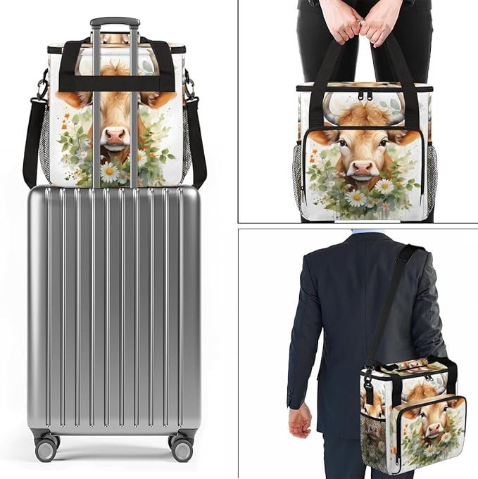 Cattle Cow Coffee Maker Carrying Bag Flowers Garland Travel Storage Bag Compatible with K-Mini or K-Mini Plus Single Serve Coffee Brewer Carrying Case with Multiple Pockets &amp Shoulder Strap