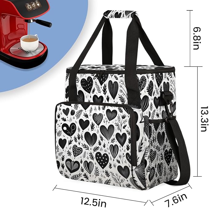 Black heart Grass Coffee Maker Carrying Bag Portable Travel Storage Tote Bag Compatible with K-Mini or K-Mini Plus Single Serve Coffee Brewer Carrying Case with Multiple Pockets &amp Shoulder Strap