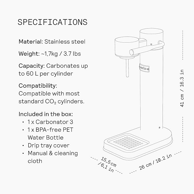 Aarke Carbonator lll with CO2 Cylinder Sparkling &amp Carbonation Water Machine Stainless Steel with PET BPA-Free Reusable Bottle Volume 1L/34 fl oz (Stainless Steel)