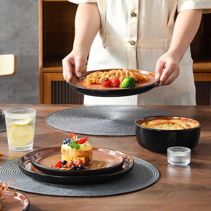 vancasso Plates and Bowls Sets 24 Pieces Stoneware Dinnerware Sets for 8 Kitchen Dish Set Mircowave and Dishwasher Safe Ceramic Dishware Dark Brown Series AMBER