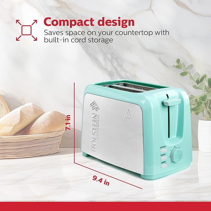Holstein Housewares 2-Slice Toaster with 7 Browning Settings Extra-Wide Slots Reheat Defrost Cancel High-Lift Release Removable Crumb Tray – Compact Stainless Steel Mint