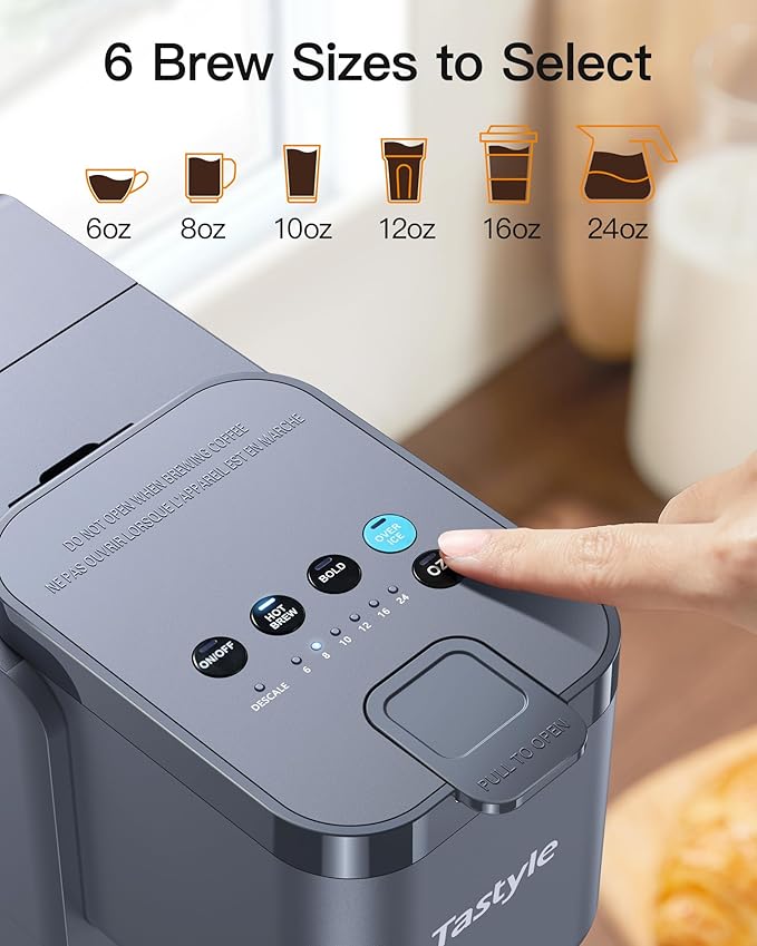 Single Serve Hot &amp Iced Coffee Maker with Strong Brew 40oz Removable Reservoir 6 Brew Sizes Compatible with K Cup and Grounds Compact for Home Office RV and Dorm Gray (2.0 Version)
