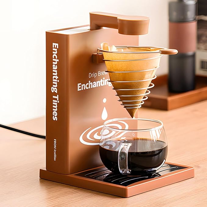 ZJchao Automatic Manual Drip Coffee Maker 300ml Detachable Water Tank Book Shaped Pour Over Coffee Machine with Paper Filter Brush Spoon for Home Office Travel Coffee (US Plug)