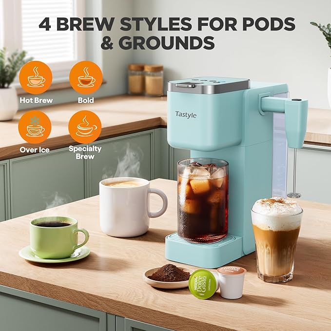 Single Serve Coffee Maker with Built-in Detachable Milk Frother Iced and Hot Coffee Machine for K Cup &amp Grounds 40oz Removable Water Reservoir 6 Cup Sizes Fits 7.3 Travel Mug Teal