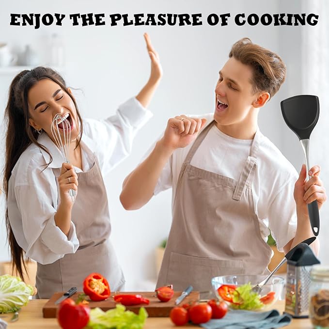 Premium Black Silicone Cooking Utensils Set - Non-Toxic Heat Resistant&amp Non-Stick Kitchen Utensils Set with Spatula Spoon Whisk Tongs BPA Free Dishwasher Safe Black