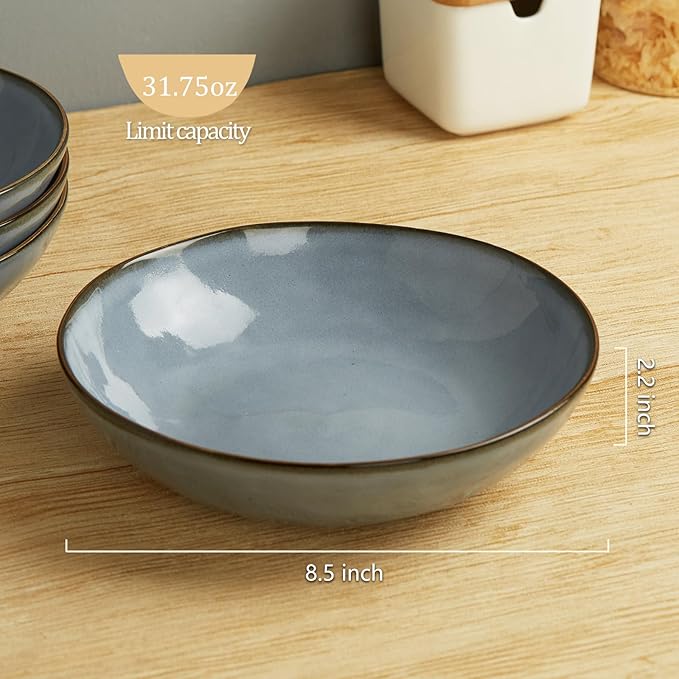 Famiware Ocean Round Plates and Bowls Sets for Kitchen 16-Piece Dinnerware Sets for 4 Reactive Glaze Blue