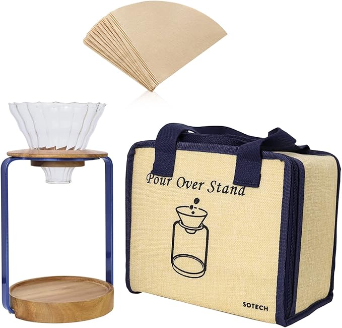 SOTECH Pour Over Coffee Maker Set with Black Gooseneck Kettle Wooden Filter Holder Coffee Dripper Glass Server with Paper Coffee FiltersDIY Manual Coffee Maker Set (Maker Stand Blue)