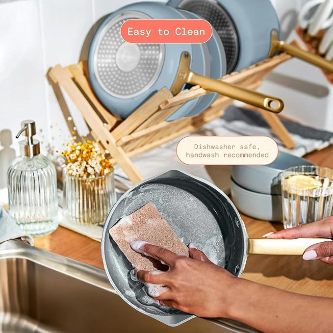 Pans12pc Ceramic Non-Stick Cookware Set by Drew Barrymore Pots &amp Pans with Lids Dishwasher‑SafeSoft‑Touch Handles Even‑Heat Base. (Cornflower Blue)