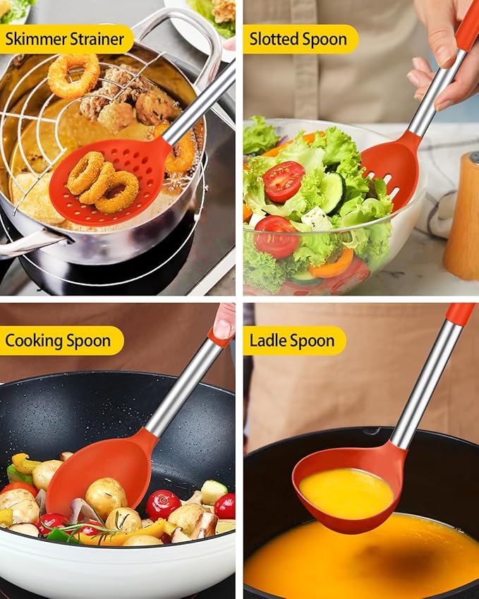 Silicone Cooking Utensil Set 8Pcs Non-stick Cookware with Stainless Steel Handle BPA Free Heat Resistant Kitchen Tools with Spatulas Turners Spoons Skimmer and Pasta Fork (RED)