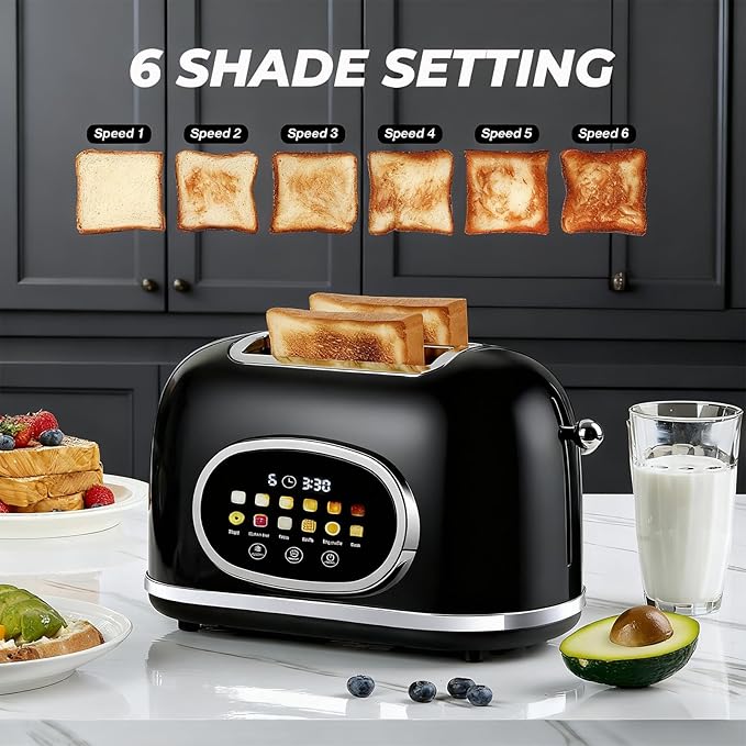 Roter Mond 2 Slice Toaster Smart Touch Screen Retro Stainless Steel Bread Toaster with Digital Timer Sleep Mode Bagel Cancel and Defrost Functions 6 Bread Types and Shade Settings Black