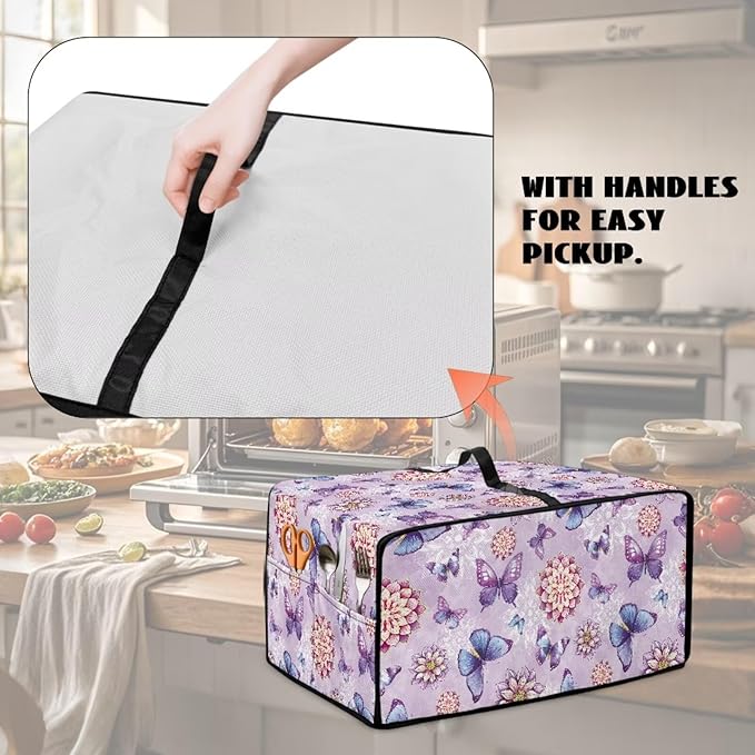 Boho Mandala Print Toaster Oven Dust Cover with Accessory Pockets Butterfly Print Bread Maker Covers Heavy Duty Smart Microwave Oven Protector Heat Resistant Purple
