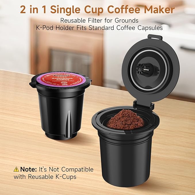Small Single Serve Coffee Maker 2 in 1 Fast Brew One Cup Coffee Machine 6 to 12 oz. Brew Sizes Capsule Coffee Machine with Descaling Reminder Fits 5.5 Mug Grey