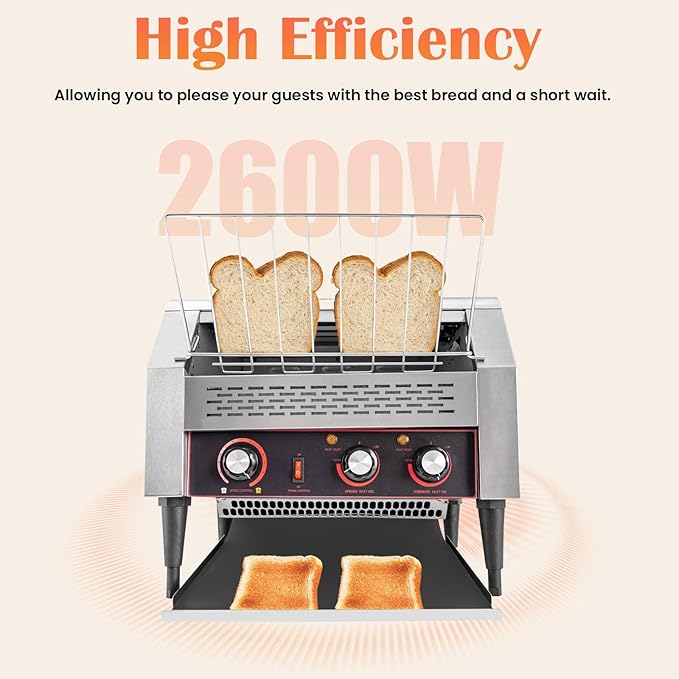 150/450 Slices/Hour Commercial Conveyor Toaster Stainless Steel Heavy Duty Industrial Bread Baking Machine w/ 3 Ring Heating Tubes for Baking Sliced Bread Toast (2600W(TT-450L))