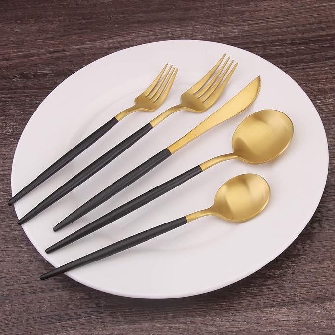 Matte Gold Silverware Set with black handle Bysta 20-Piece Stainless Steel Flatware Set Kitchen Utensil Set Service for 4 Tableware Cutlery Set for Home and Restaurant Dishwasher Safe