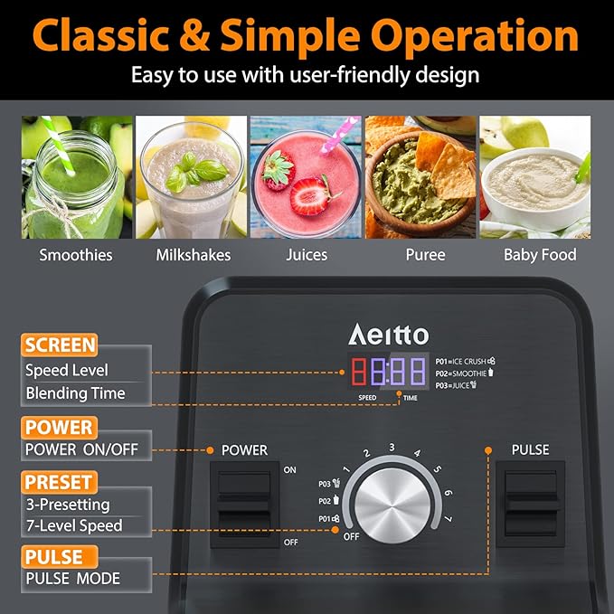 Aeitto Blender Blenders for Kitchen with 1500-Watt Motor 68 Oz Large Capacity Professional Countertop Blenders for Ice Crush Frozen Drinks Black