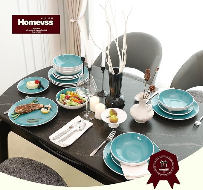 Stoneware Coupe Shape 16pc Dinnerware Set Outside White + Inside Turquoise