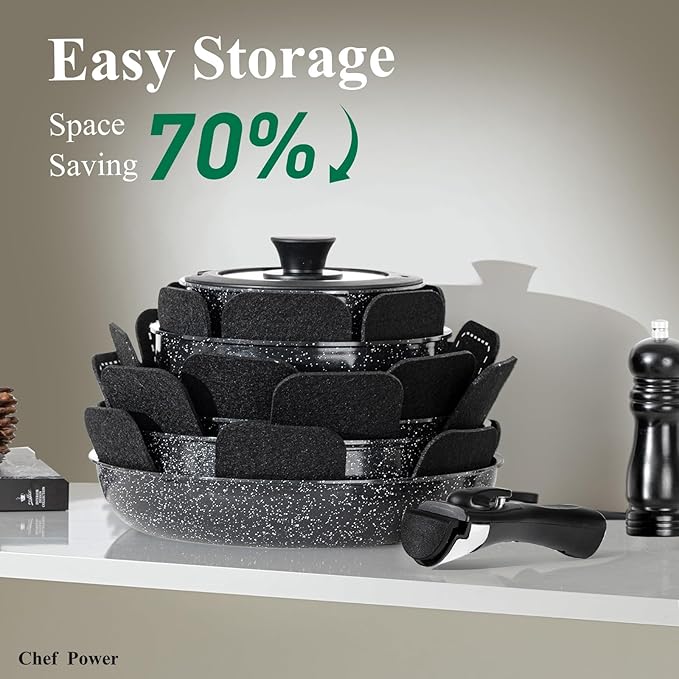 Chef Power Ceramic Nonstick Cookware Set 19 Piece with Detachable Handle Induction Dishwasher Oven Safe Pans and Pots Set RV Kitchen Set Removable Handle Rock Stone Black