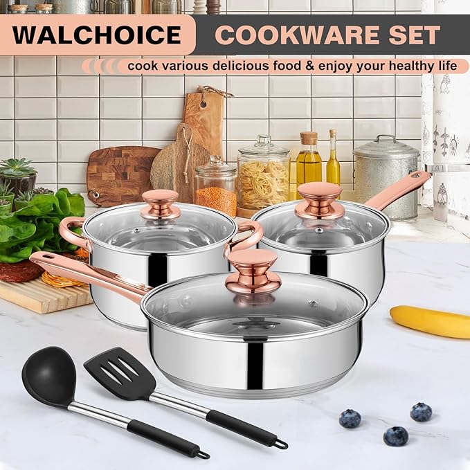 Walchoice 8-Piece Stainless Steel Cookware Set Kitchen Pots and Pans Set with Glass Lid for Cooking Kitchen Cookware Set with Utensils Induction &amp Dishwasher Safe Copper