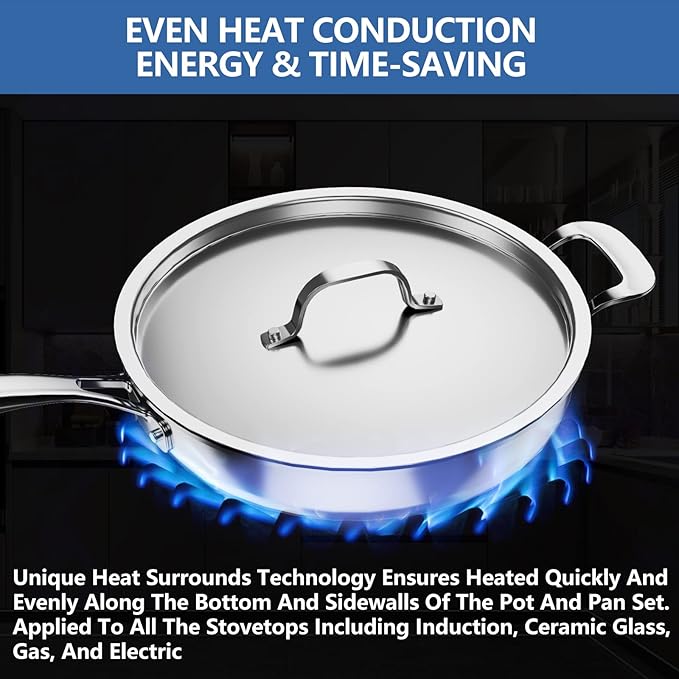 Nuwave Pro-Smart 9pc Stainless Steel Cookware Set Heavy-Duty Tri-Ply 3.1mm Thickness 18/10SS Space Saving Nestable Design Stay-Cool Handles Induction-Ready Works on All Cooktops 20Yeär Wärranty