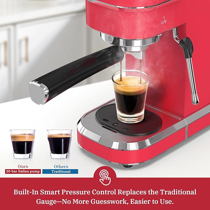 Espresso Machine 20 Bar Professional Espresso Maker with Milk Frother Steam Wand Compact Coffee Machine with Removable Water Tank for Cappuccino Latte Gift for Dad or Mom Stainless Steel Red