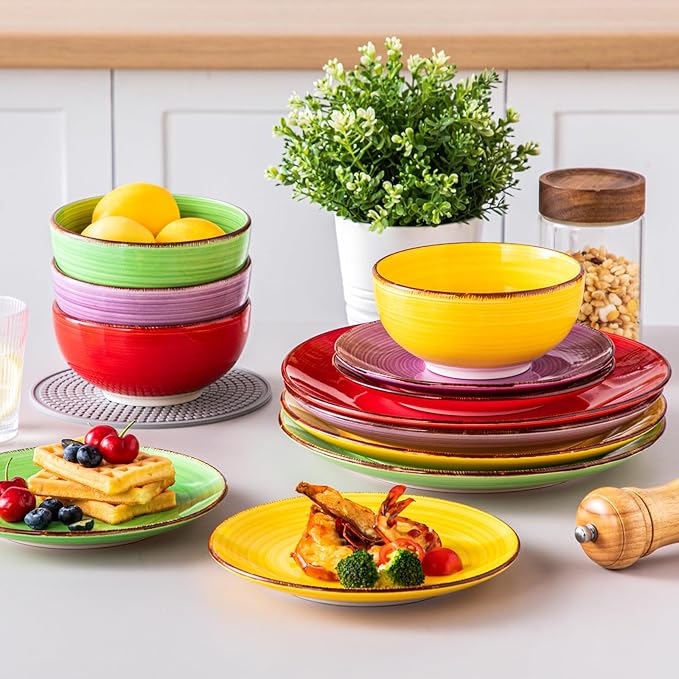 vancasso Bonita Dinnerware Set Muticolor Stoneware 12 Pieces Service for 4 Handpainted Spirals Pattern Stoneware Plates and Bowls Set