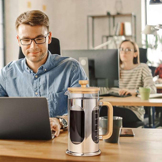 Sivaphe No-Plastic French Press Coffee Maker 34 oz Borosilicate Glass Bamboo Lid and Handle Coffee Tea Press 8 cup 1000ml Coffee Milk Forther with Stainless Steel Holder and Resuable Filters