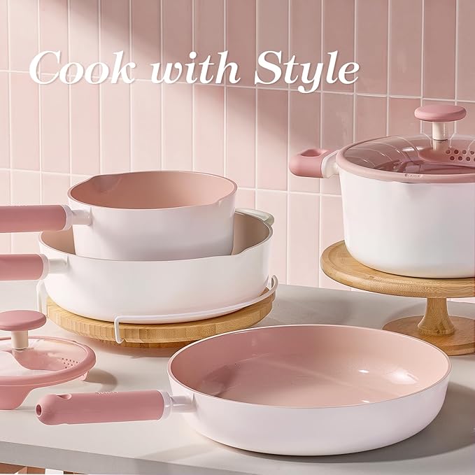 CAROTE Ceramic Cookware Set Nonstick 15pcs Pots and Pans Set Non stick Non Toxic CookwareDishwasherRV/Camping Cookware Set Pan and Pot with Kitchen Utensils Pink